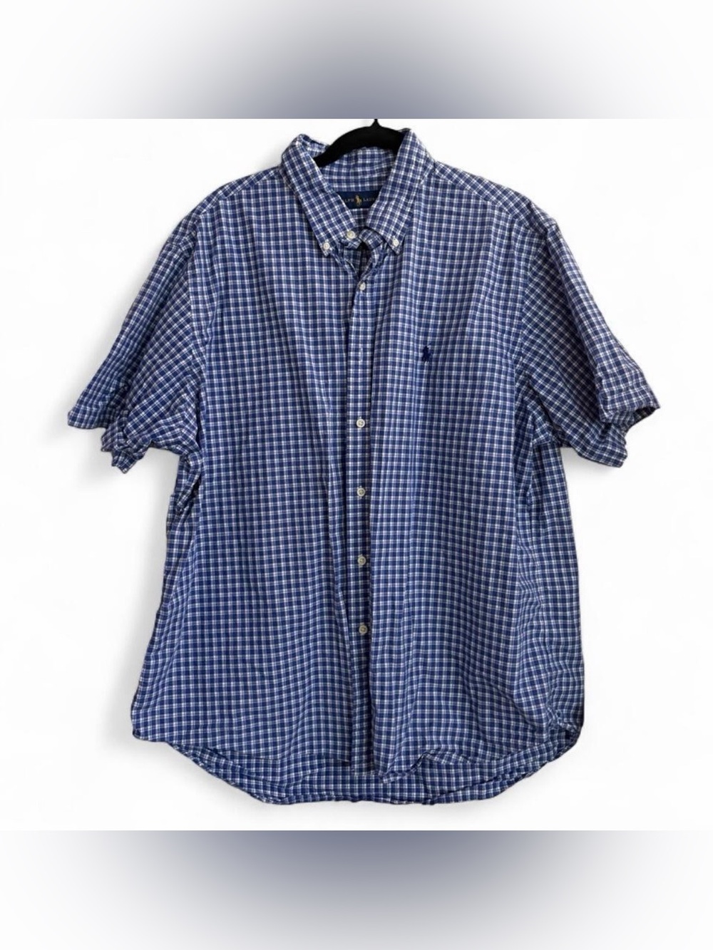 Ralph Lauren Men XXL Blue White Check 100% Cotton Short Sleeve Button Down